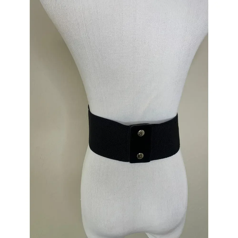 Black 3D Flower Belt Rhinestone Center Stretch Wide Belt Sz Small Medium
